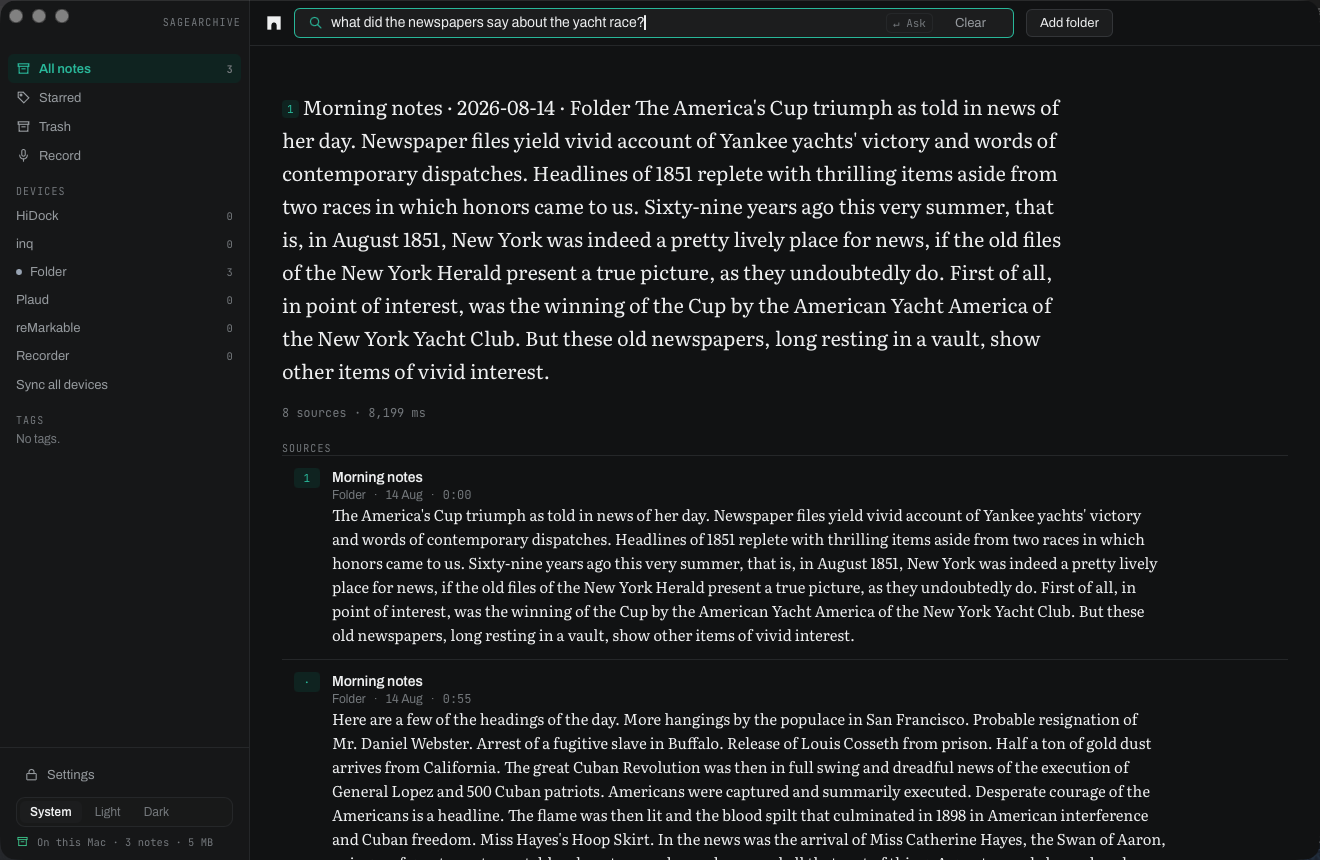 SageArchive answering the question "what did the newspapers say about the yacht race?" with the passages it drew the answer from listed underneath.